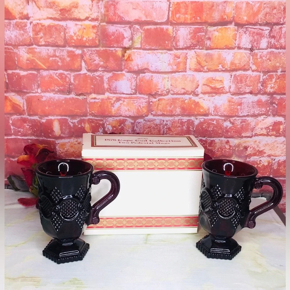 Vintage Avon 1876 Cape Cod Collection Ruby Red Glass Pedestal Mugs